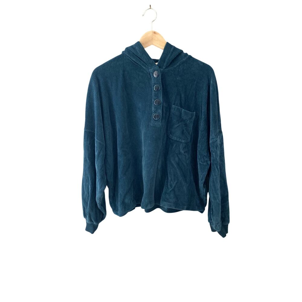 Sezane Anatole Sweatshirt Velour Corduroy Hood Teal Blue XXL - Picture 1 of 9